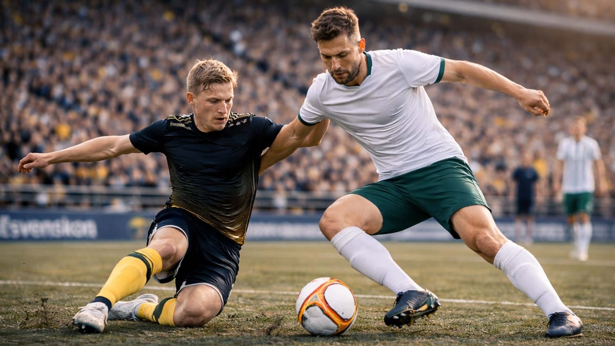 Två spelare tävlar om bollen i Superettan.