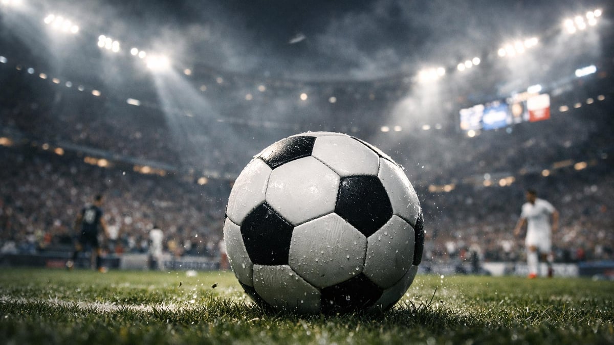 En dramatisk bild på en fotboll under en Champions Laegue-match.