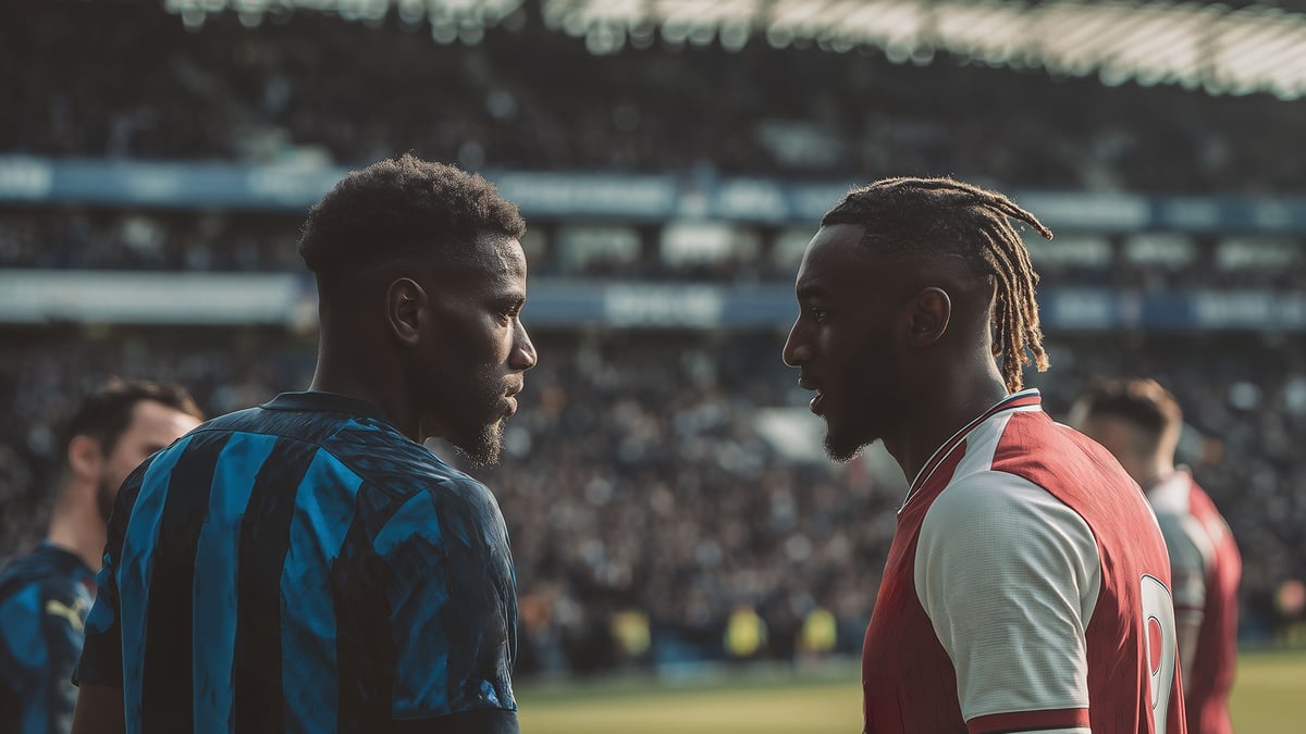 Två fotbollsspelare tittar på varandra dramatiskt i ett Champions League-möte.