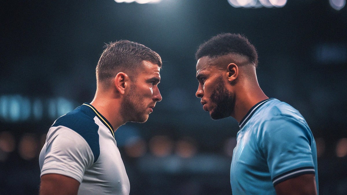 Två fotbollsspelare tittar dramatiskt på varandra.